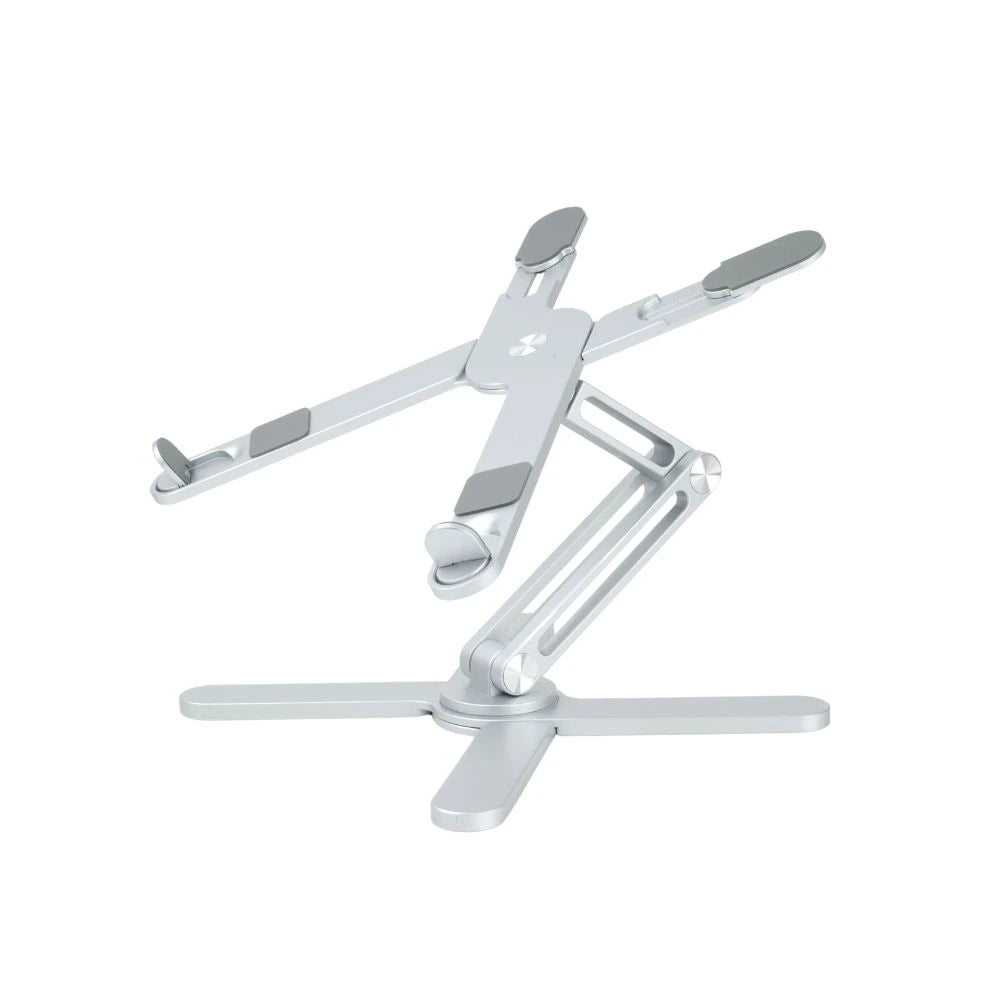 XSTAND Laptophalter in elegantem Silber, höhenverstellbar und faltbar, mit rutschfesten Silikonpads und stabiler Dreieckskonstruktion, geeignet für Laptops und Tablets von 10 bis 16 Zoll.
