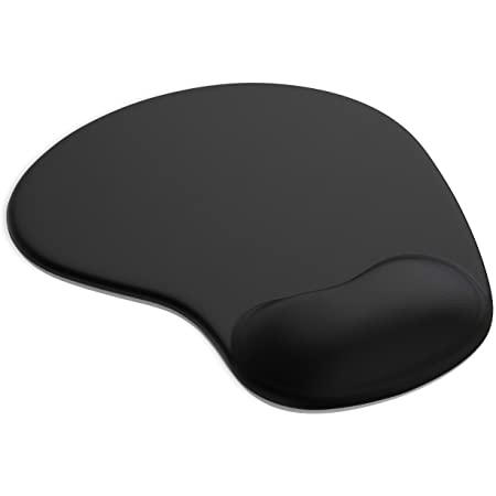 Schwarzes ergonomisches Mauspad mit integrierter Handgelenkauflage. Die weiche Polsterung bietet optimalen Komfort und Unterstützung für das Handgelenk bei längerer Nutzung der Maus.