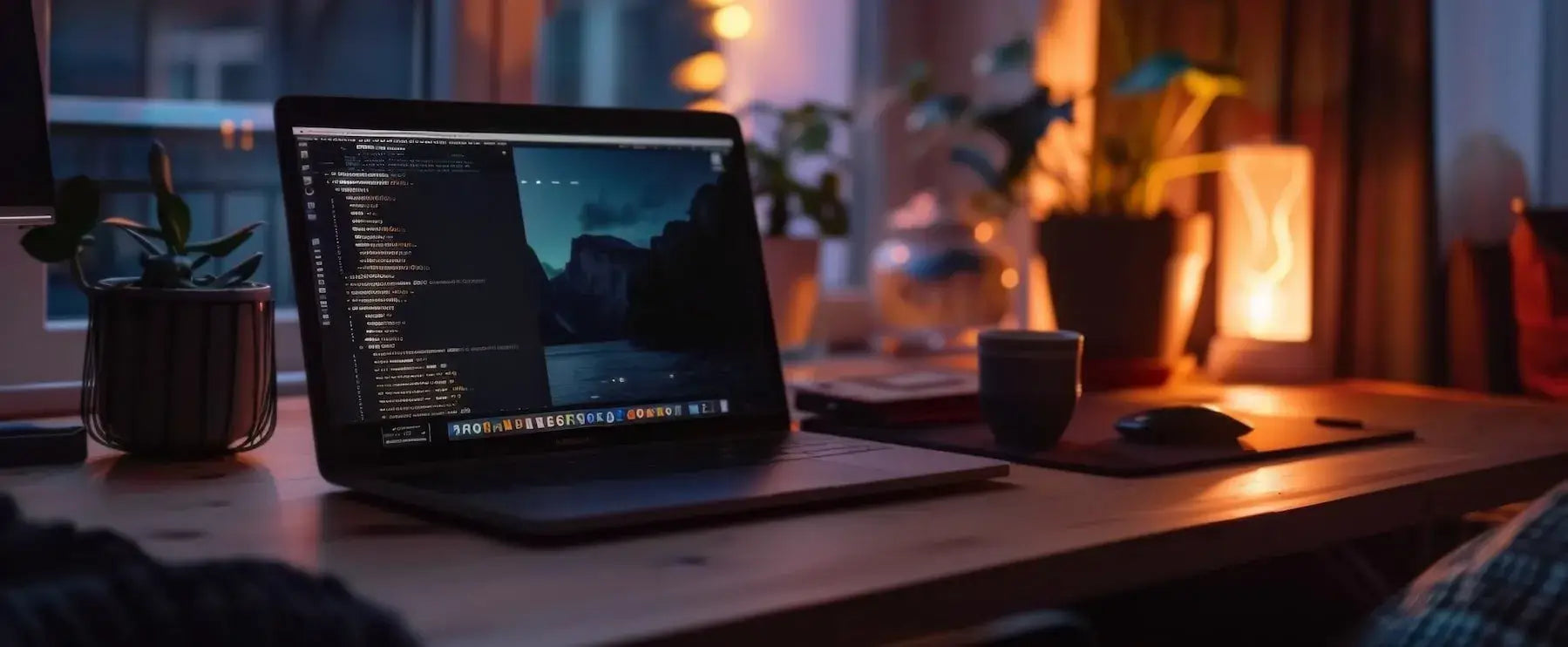 Gemütlicher Arbeitsplatz am Fenster mit einem Laptop, auf dem Code angezeigt wird. Im Hintergrund sind warme Lichter und Zimmerpflanzen zu sehen, die eine entspannte Atmosphäre schaffen