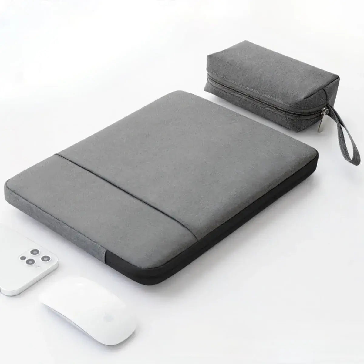 NCASE Laptophülle Case Stoff aussen ansicht dunkelgrau mit Kabeltasche als set